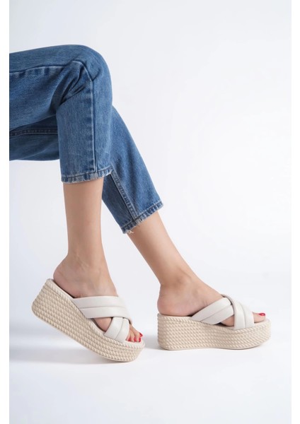 Joymıx Dolgu Topuklu Ortopedik Taban Hasır Görünümlü Kadın Terlik Kt - Krem modelleri