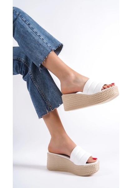 Reına Dolgu Topuklu Ortopedik Taban Hasır Görünümlü Kadın Terlik Kt - Beyaz modelleri
