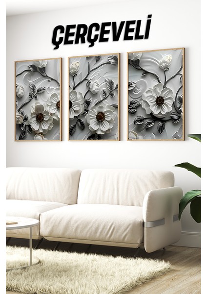 🌸 3'lü Çerçeveli Çiçek Desenli Mdf Tablo Seti – Ahşap Çam Çerçeveli, Uv Baskılı Tasarım CRV1024 23 x 32 indirimleri