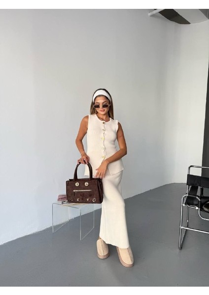 Kadın Gold Şekilli Düğme Detaylı Triko Yelek Etek Şık Takım