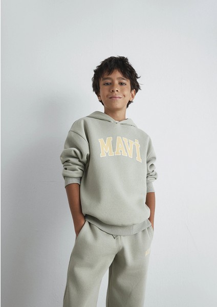 6610110-70155 Mavi Logo Baskılı Kapüşonlu Yeşil Sweatshirt