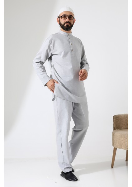 Erkek Tek Cepli Gömlek Pantolon Ikili Takım Hac ve Umre Kıyafeti Açık Gri (Vşn)