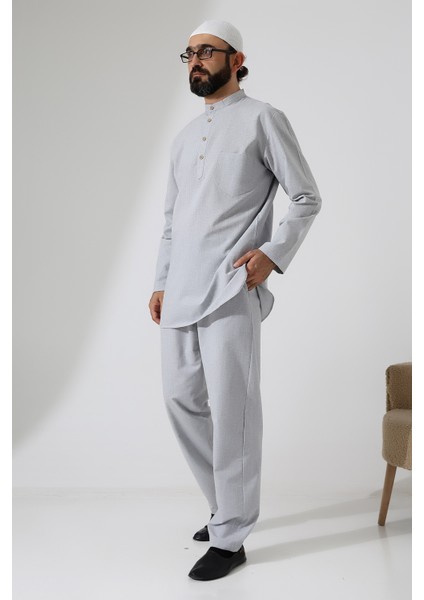 Erkek Tek Cepli Gömlek Pantolon Ikili Takım Hac ve Umre Kıyafeti Açık Gri (Vşn) fırsatları