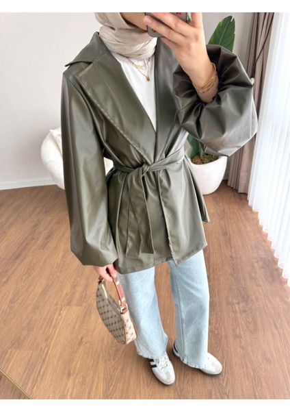 3065 Kuşaklı Balon Kol Deri Ceket