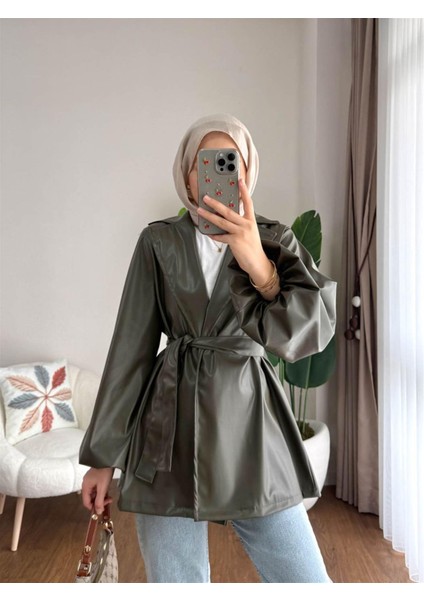 3065 Kuşaklı Balon Kol Deri Ceket fiyatları