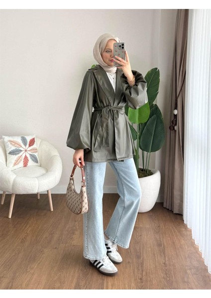 3065 Kuşaklı Balon Kol Deri Ceket modelleri