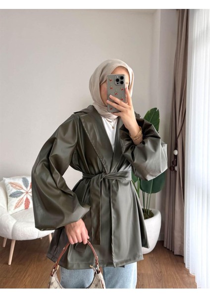 3065 Kuşaklı Balon Kol Deri Ceket fırsatları