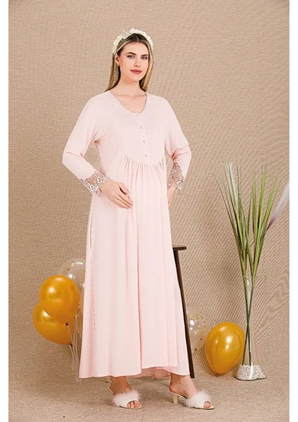 Lady Lingerie Uzun Kollu,düğme Yakalı,dantelli Lohusa-Hamile Gecelik