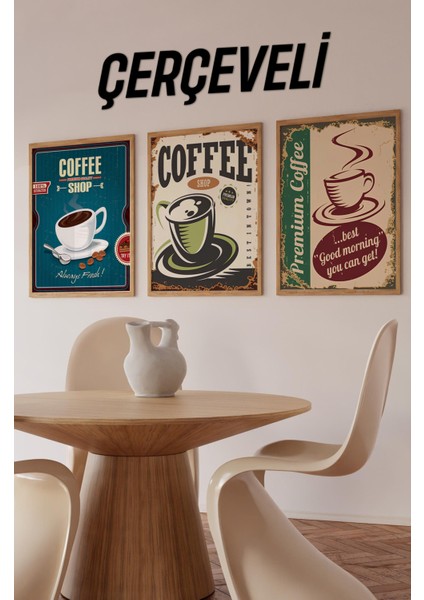 ☕ Retro Kahve Durağı – Çerçeveli 3’lü Mdf Tablo Seti (Ahşap Çerçeveli) CRV1020 23 x 32