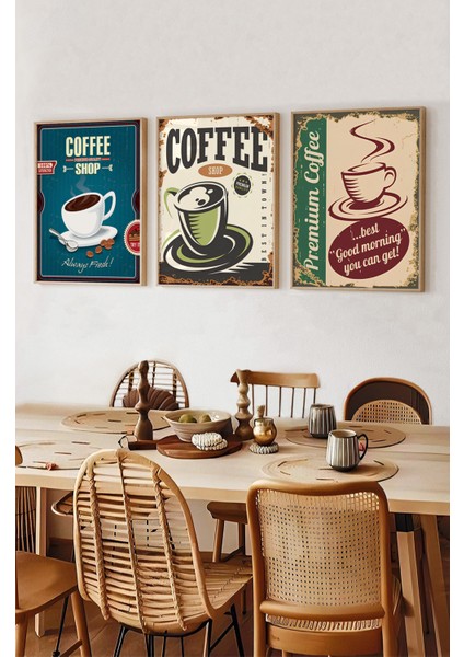 ☕ Retro Kahve Durağı – Çerçeveli 3’lü Mdf Tablo Seti (Ahşap Çerçeveli) CRV1020 23 x 32 fiyatları