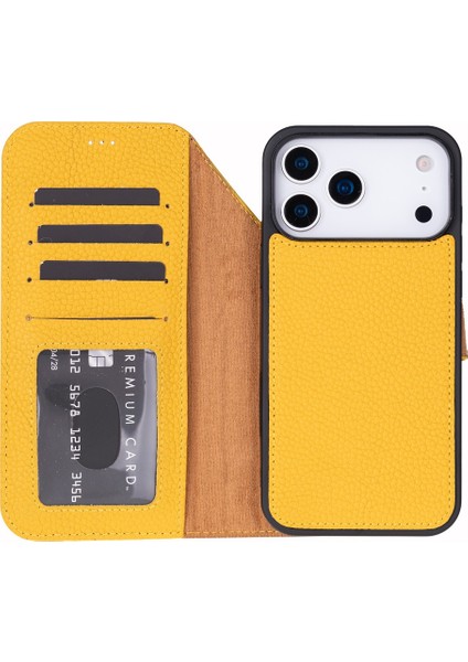 Apple iPhone 17 Pro Için, Hakiki Deri, El Yapımı Cüzdanlı Kılıf, Magsafe ile Uyumlu, Iç Yüzeyi Kadife, Limon Sarı