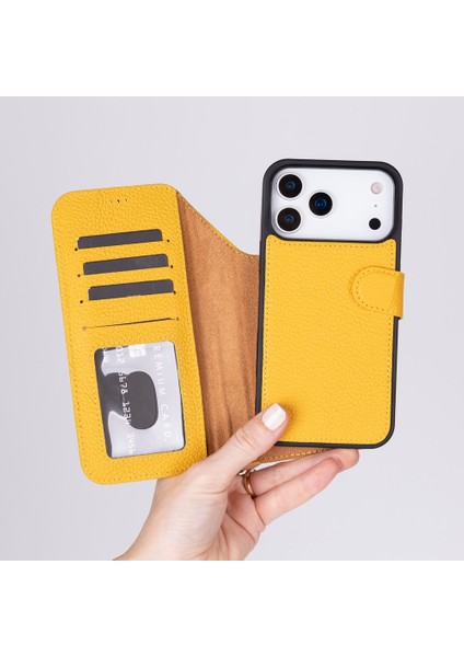 Apple iPhone 17 Pro Için, Hakiki Deri, El Yapımı Cüzdanlı Kılıf, Magsafe ile Uyumlu, Iç Yüzeyi Kadife, Limon Sarı fiyatları