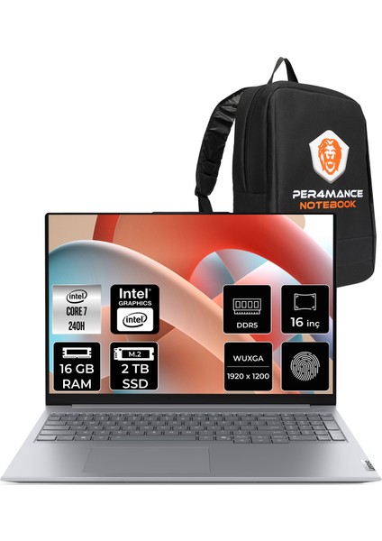 Thinkbook 16 Gen 8 Intel Core 7 240H 16GB 2tb SSD 16" Fhd+ Fdos Taşınabilir Bilgisayar & Per4 Çanta 21SH009GTXP309
