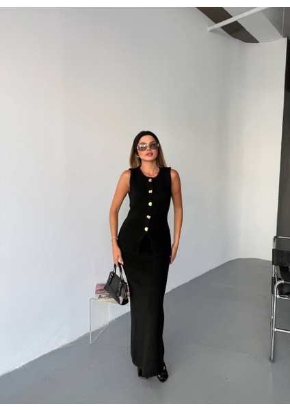 Kadın Gold Şekilli Düğme Detaylı Triko Yelek Etek Şık Takım fiyatları