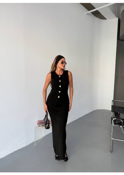 Kadın Gold Şekilli Düğme Detaylı Triko Yelek Etek Şık Takım modelleri