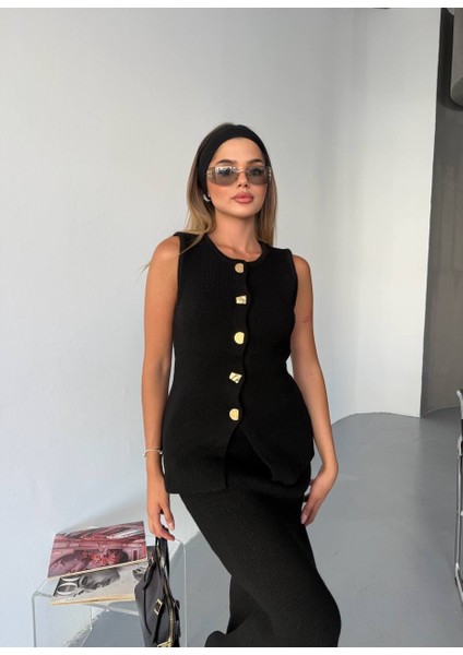 Kadın Gold Şekilli Düğme Detaylı Triko Yelek Etek Şık Takım indirimleri