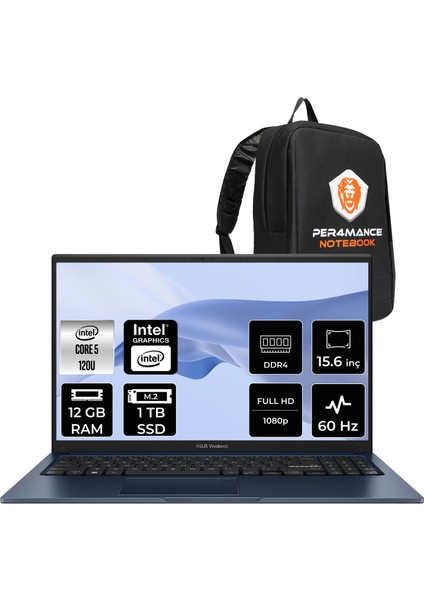 Vivobook 15 Intel Core 5 120U 12GB 1tb SSD 15.6" Fhd Fdos Taşınabilir Bilgisayar & Per4 Çanta X1504VANJ3665P308