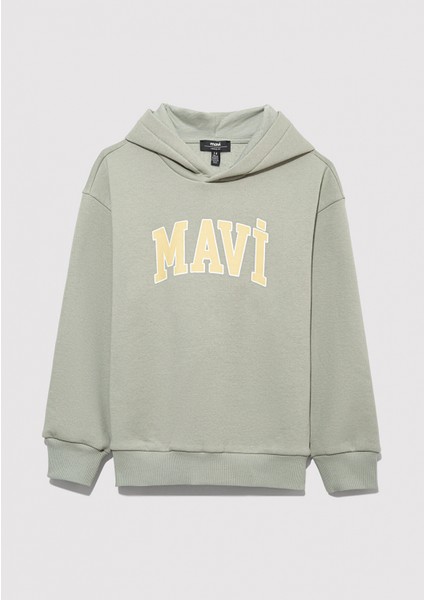 6610110-70155 Mavi Logo Baskılı Kapüşonlu Yeşil Sweatshirt modelleri