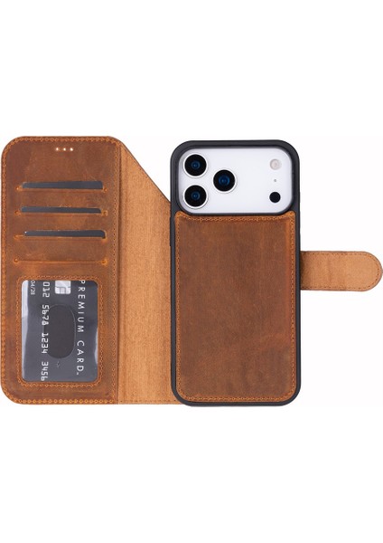 Apple iPhone 17 Pro Için, Hakiki Deri, El Yapımı Cüzdanlı Kılıf, Magsafe ile Uyumlu, Iç Yüzeyi Kadife, Karamel