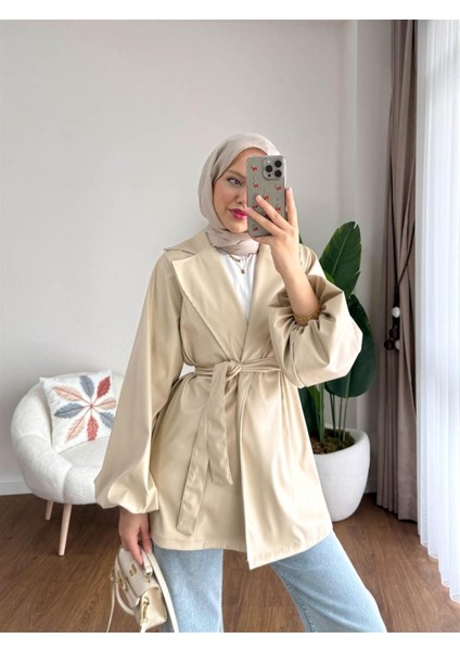 3065 Kuşaklı Balon Kol Deri Ceket