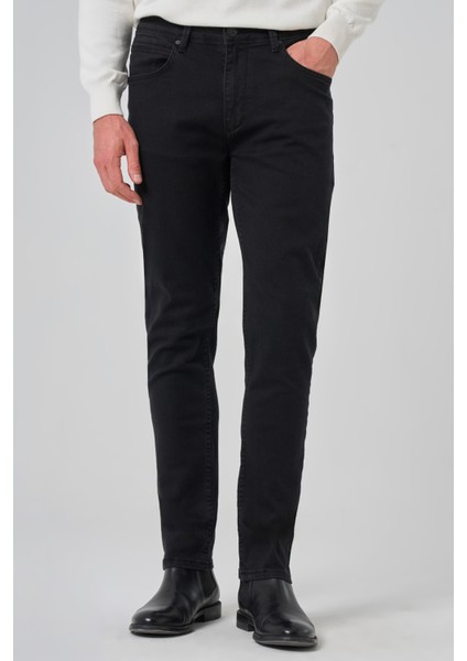 Erkek Siyah Denim 5 Cep Slim Fit Jean Kot Pantolon