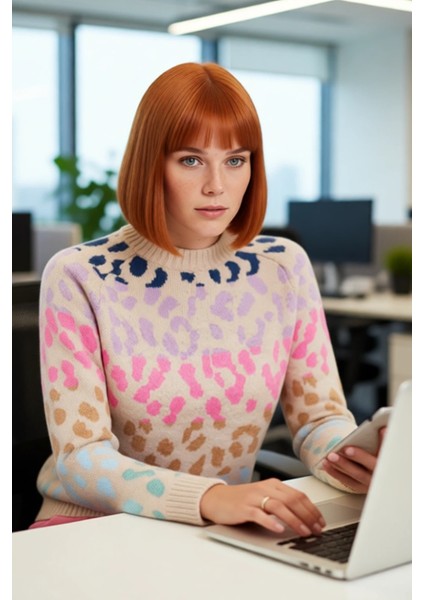 Kadın Basic Oversize Kalıp Bisiklet Yaka Triko Kazak Animal Desenli Uzun Kollu Kış Günleri Için