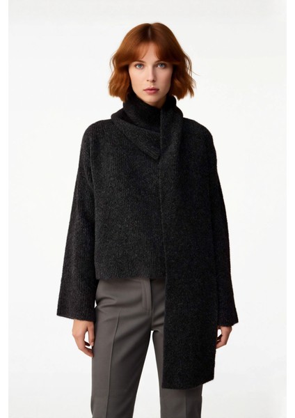 Kadın Rahat Şal Yaka Düşük Kol Kalın Triko Kazak Gri Kış Sezonu Crop Boy Günlük Kullanım Kaliteli fiyatları