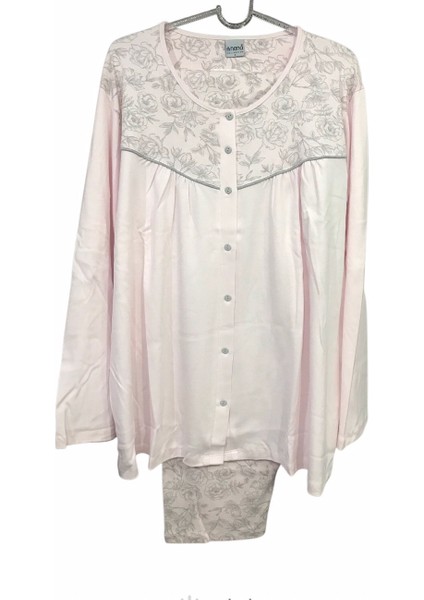 Kadın Uzun Kollu Önden Açık Robalı Ultura Battal % 100 Pamuk Pijama TAKIMI-14952