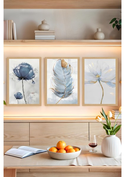 🖼️ Mavi Tonlarda Çiçek ve Tüy Desenli 3'lü Tablo Seti - Çerçevesiz Uv Baskılı CRVS1055 13 x 17