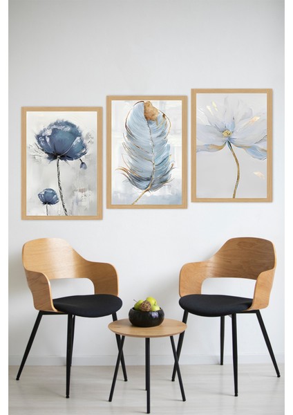 🖼️ Mavi Tonlarda Çiçek ve Tüy Desenli 3'lü Tablo Seti - Çerçevesiz Uv Baskılı CRVS1055 13 x 17 modelleri