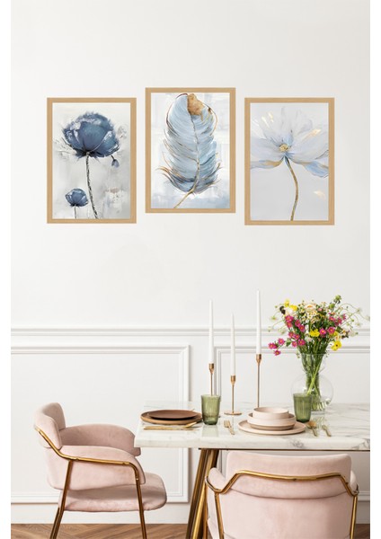 🖼️ Mavi Tonlarda Çiçek ve Tüy Desenli 3'lü Tablo Seti - Çerçevesiz Uv Baskılı CRVS1055 13 x 17 fırsatları