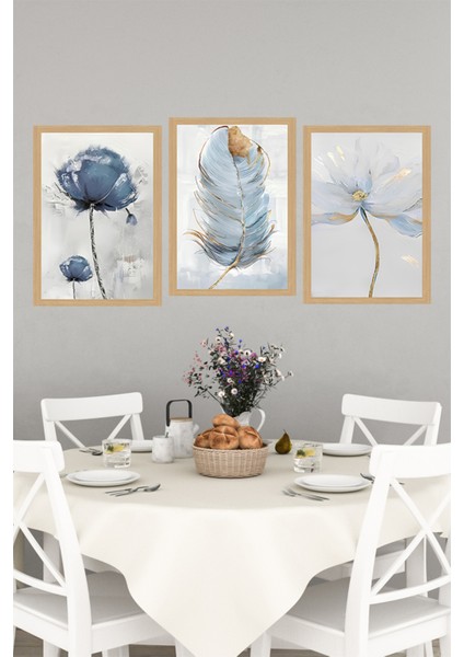🖼️ Mavi Tonlarda Çiçek ve Tüy Desenli 3'lü Tablo Seti - Çerçevesiz Uv Baskılı CRVS1055 13 x 17 indirimleri