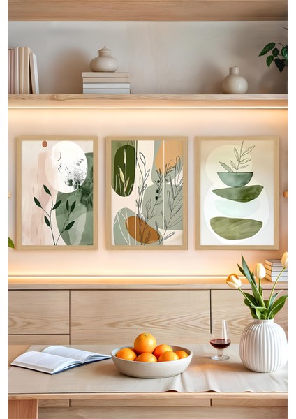 🌿 Soyut Yeşil Bitkiler ve Formlar 3’lü Uv Baskılı Mdf Tablo Seti CRVS1043 13 x 17