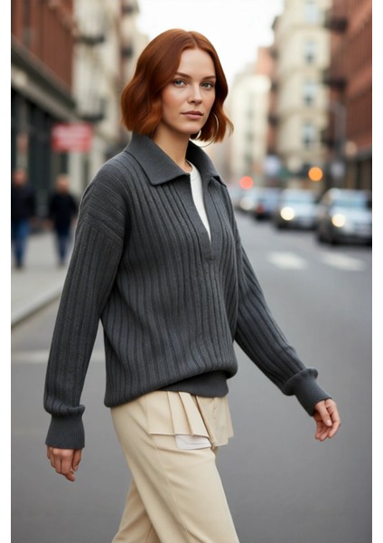 Modern Kadın Oversize Polo Yaka Triko Kazak Rahat Düşük Kol Fitilli Dokusuyla Kış Gardırobunuzun fırsatları