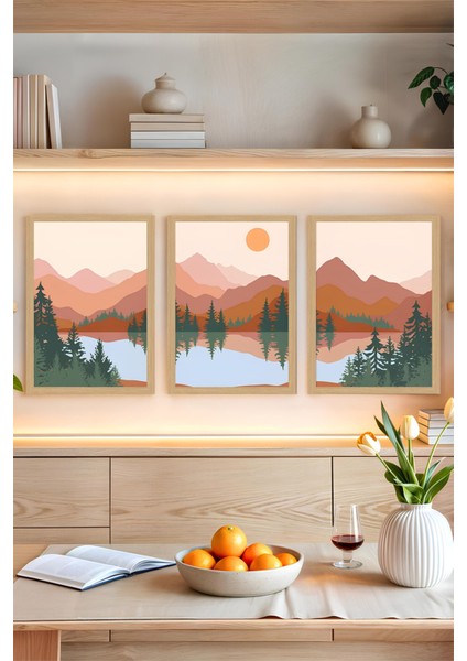 🖼️ Çerçevesiz 3'lü Dağ Manzaralı Tablo Seti – Pastel Tonlarda Doğanın Huzuru 🌄🍃 CRVS1045 13 x 17