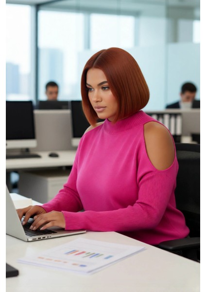 Kadın Rahat Relaxed Kalıp Dik Yaka Düşük Kollu Omzu Açık Detaylı Trend Akrilik Triko Kazak