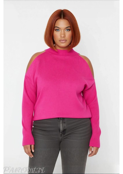 Kadın Rahat Relaxed Kalıp Dik Yaka Düşük Kollu Omzu Açık Detaylı Trend Akrilik Triko Kazak fiyatları