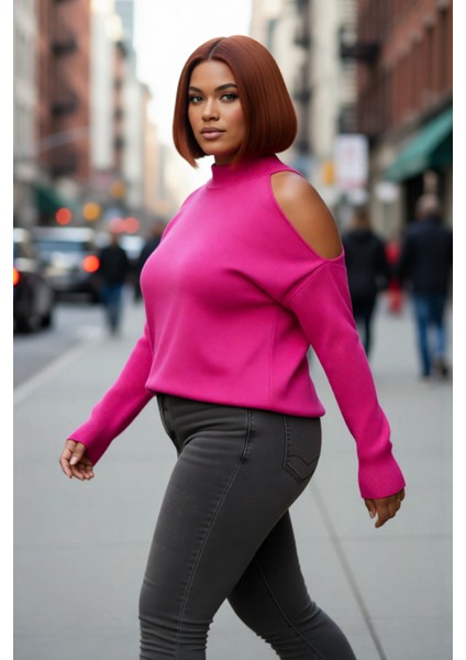 Kadın Rahat Relaxed Kalıp Dik Yaka Düşük Kollu Omzu Açık Detaylı Trend Akrilik Triko Kazak fırsatları