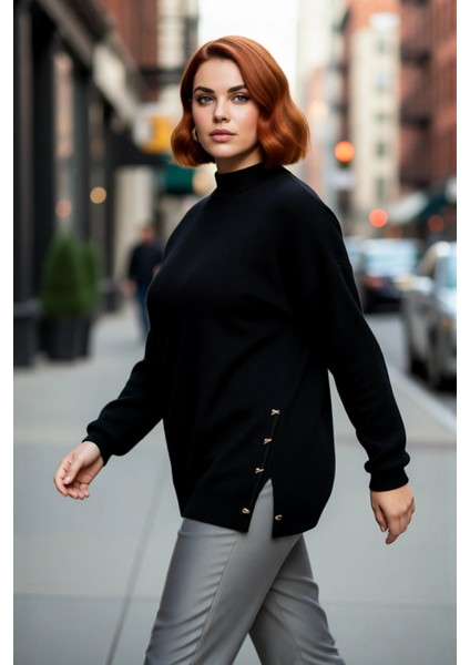 Kadın Basic Relaxed Kalıp Triko Kazak Balıkçı Yaka Düğme Detaylı Uzun Boy Konforlu Kış Kombinleri fırsatları