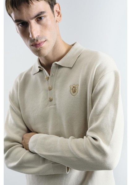 Gold Düğmeli Polo Yaka Kazak