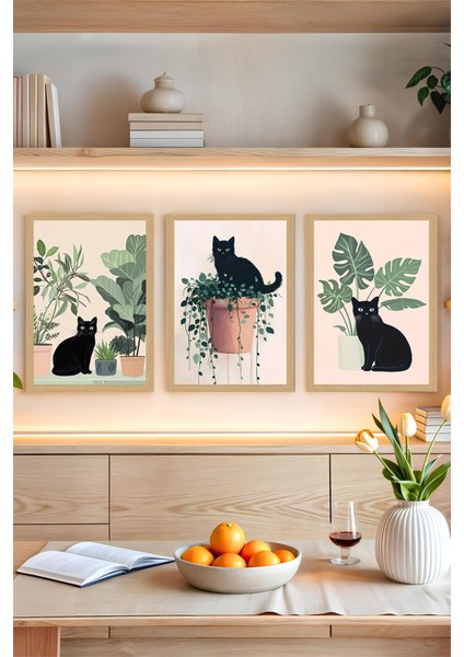 🖼️ Saksıdaki Siyah Kediler Temalı 3'lü Tablo Seti (Çerçevesiz) CRVS1040 13 x 17