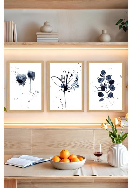 🖼️ Siyah Çiçekler Temalı 3'lü Tablo Seti – Uv Baskılı Mdf Dekorasyon CRVS1041 13 x 17