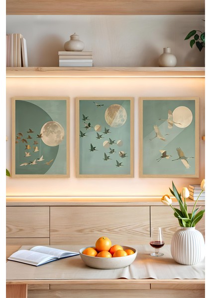 🖼️ Uçuşan Kuşlar ve Ay Temalı 3'lü Tablo Seti - Çerçevesiz Mdf Uv Baskı CRVS1038 13 x 17