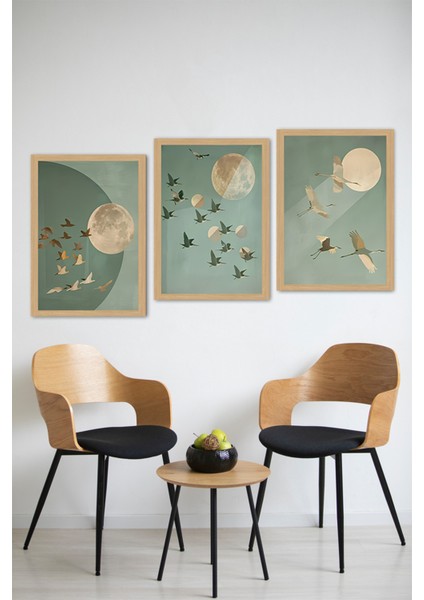 🖼️ Uçuşan Kuşlar ve Ay Temalı 3'lü Tablo Seti - Çerçevesiz Mdf Uv Baskı CRVS1038 13 x 17 modelleri
