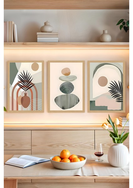 🌿 Soyut Vazo ve Bitki Kompozisyonu Temalı 3'lü Tablo Seti 🌿 - Çerçevesiz Mdf Uv Baskı CRVS1058 13 x 17