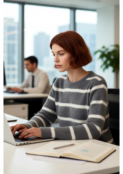 Kadın Çizgili Triko Düşük Kol Bisiklet Yaka Kışlık Tesettür Giyim Rahat Regular Kalıp Kazak