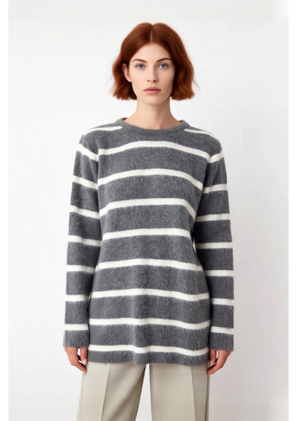 Kadın Çizgili Triko Düşük Kol Bisiklet Yaka Kışlık Tesettür Giyim Rahat Regular Kalıp Kazak fiyatları