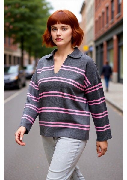 Kadın Triko Çizgili Polo Yaka Kazak Relaxed Kesimiyle Konforlu ve Şık Bir Kış Kombini Yaratır fırsatları