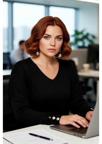 Kadın Basic Düz Siyah Triko Kazak Relaxed Fit V Yaka Standart Uzun Kol Soğuk Havaların Favorisi