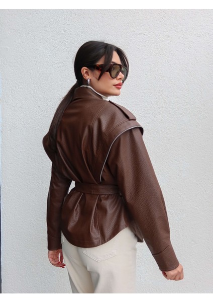 Fermuar Detay Kuşaklı Deri Ceket indirimleri